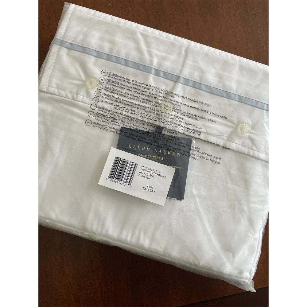 NEW Ralph Lauren‎ Palmer Percale Cotton King flat sheet Sky Blue White $200